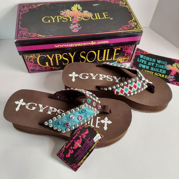 New Gypsy Soule Flip Flop Sandals Swarovski Crystals Sz 10 Brown Blue Aztec Box - Picture 11 of 16